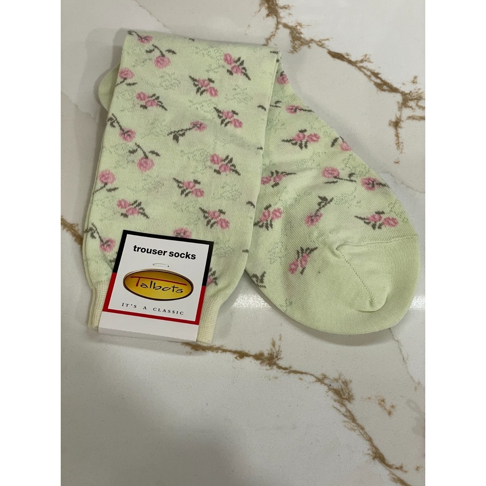 Talbots Trouser Socks Women Size 9-11 Cotton Stretch Green Pink Floral New Japan